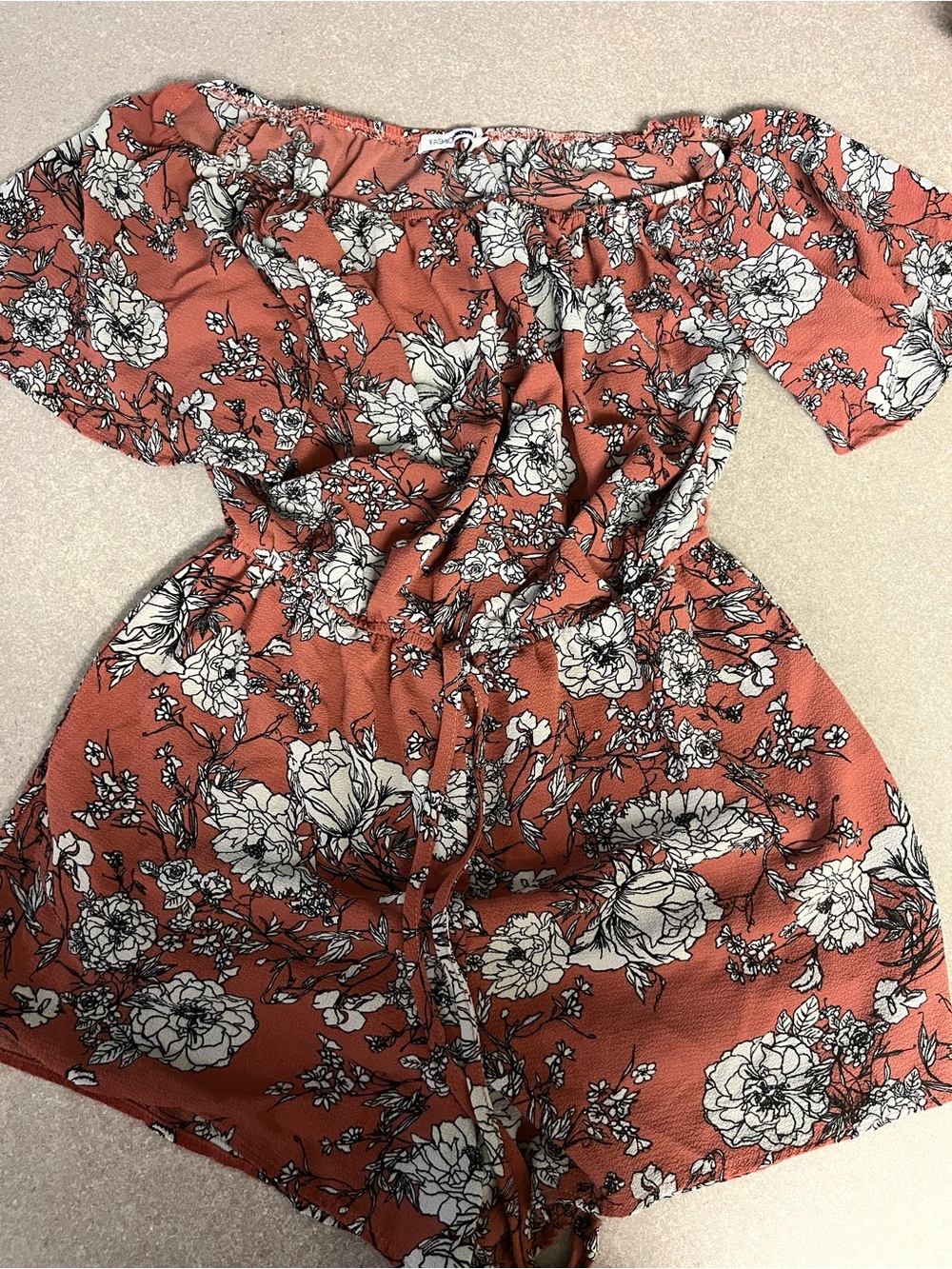 Fashion Nova Rust Floral Off-Shoulder Romper